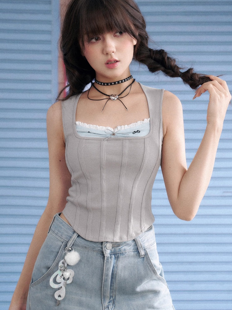 Square Collar Faux Layered Ribbed Tank Top【s0000013140】