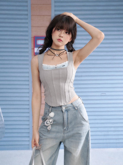 Square Collar Faux Layered Ribbed Tank Top【s0000013140】