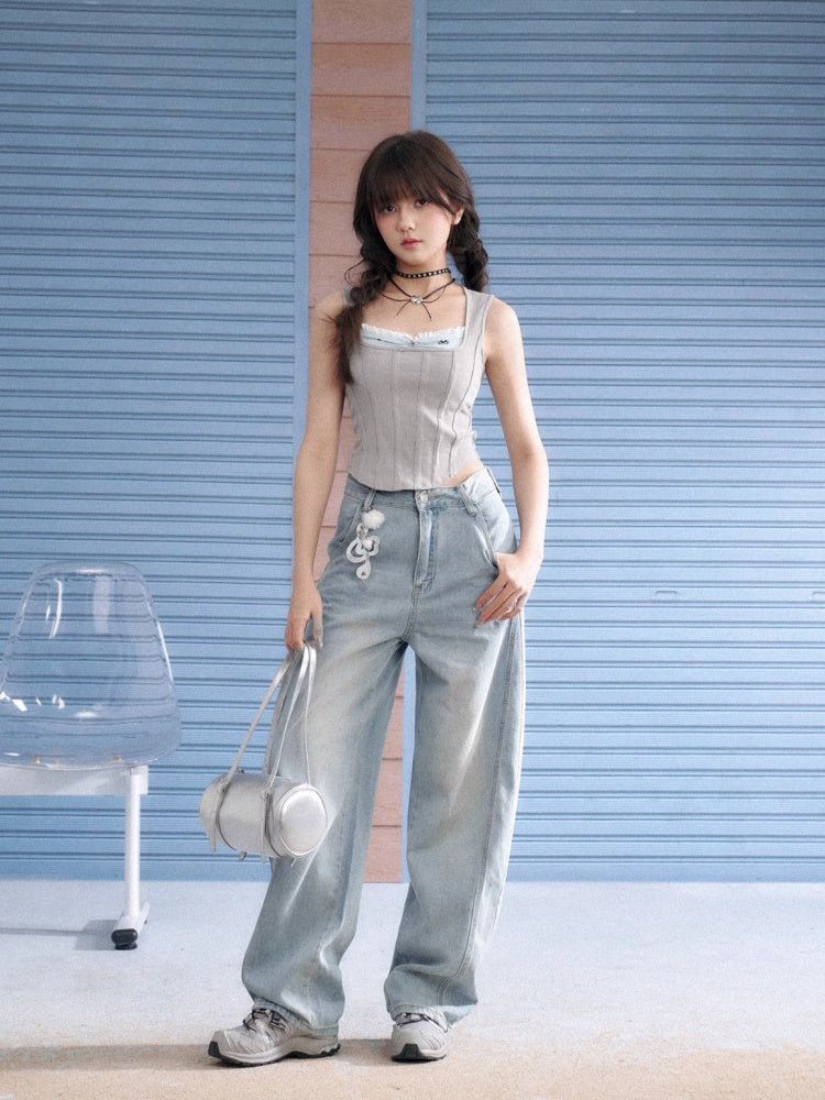 Square Collar Faux Layered Ribbed Tank Top【s0000013140】