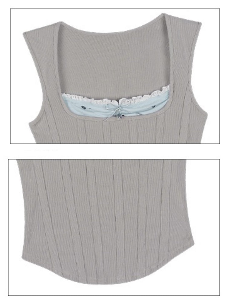 Square Collar Faux Layered Ribbed Tank Top【s0000013140】