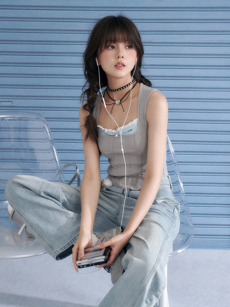 Square Collar Faux Layered Ribbed Tank Top【s0000013140】
