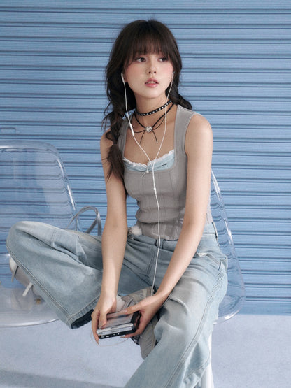 Square Collar Faux Layered Ribbed Tank Top【s0000013140】