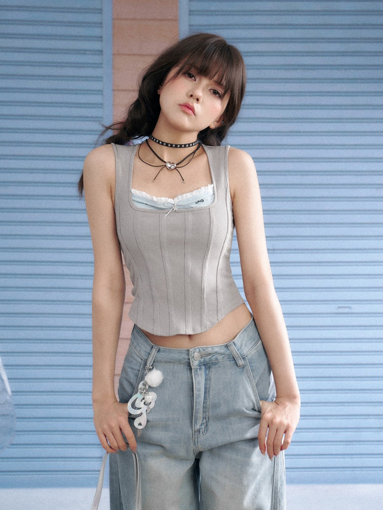Square Collar Faux Layered Ribbed Tank Top【s0000013140】