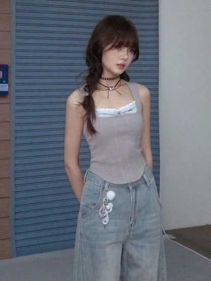 Square Collar Faux Layered Ribbed Tank Top【s0000013140】