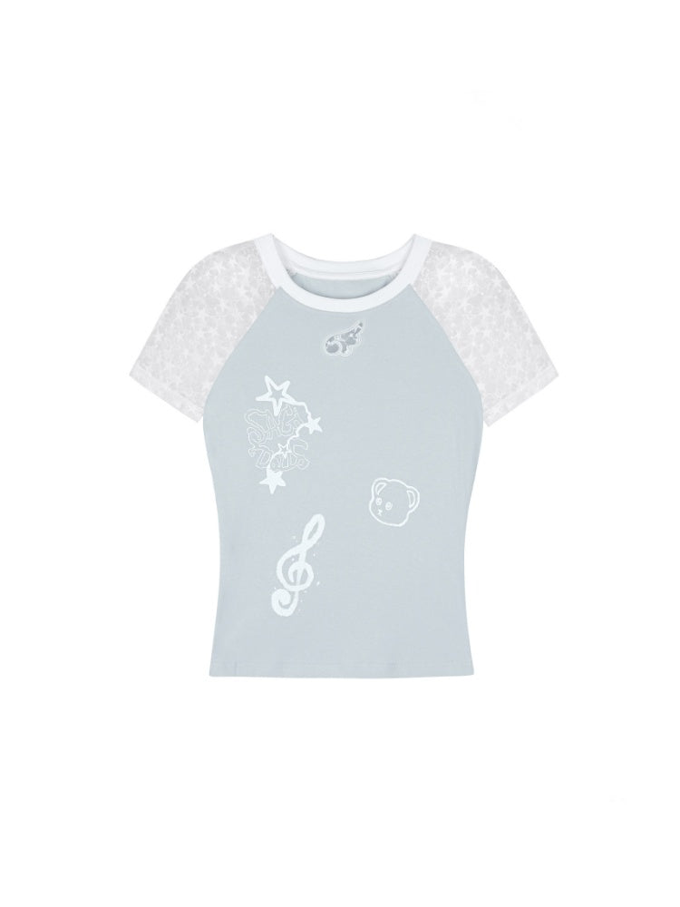 Star Lace Cut-Out Raglan Sleeve Short Sleeve T-Shirt【s0000013141】