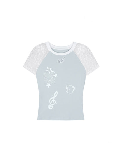 Star Lace Cut-Out Raglan Sleeve Short Sleeve T-Shirt【s0000013141】