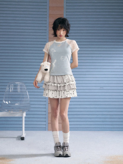 Star Lace Cut-Out Raglan Sleeve Short Sleeve T-Shirt【s0000013141】