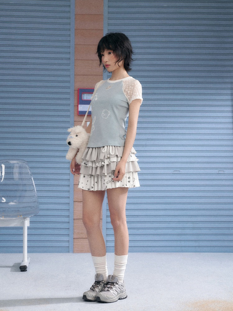 Star Lace Cut-Out Raglan Sleeve Short Sleeve T-Shirt【s0000013141】