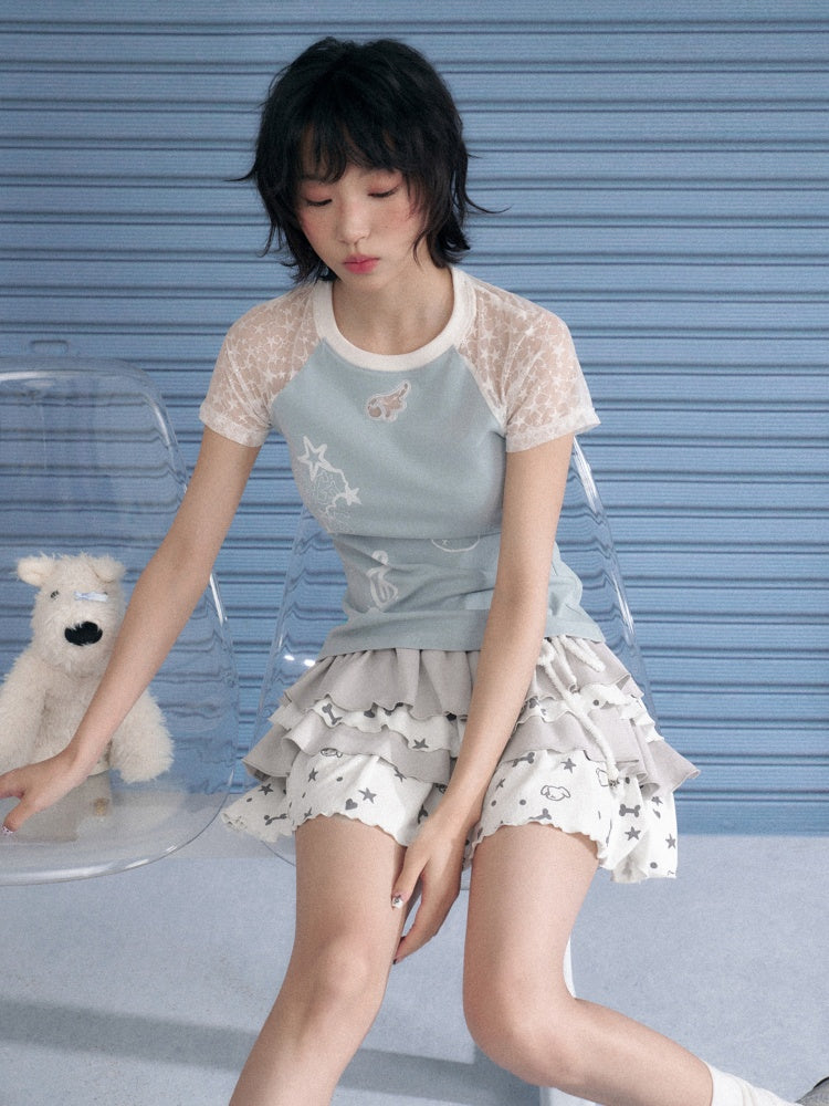 Star Lace Cut-Out Raglan Sleeve Short Sleeve T-Shirt【s0000013141】