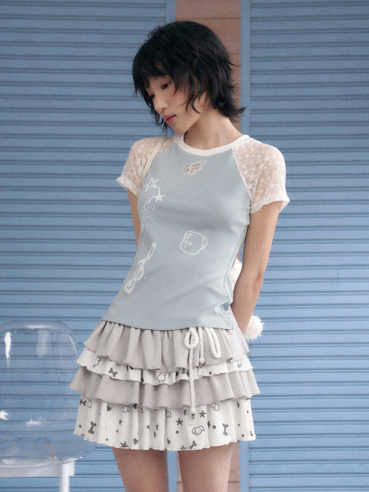 Star Lace Cut-Out Raglan Sleeve Short Sleeve T-Shirt【s0000013141】