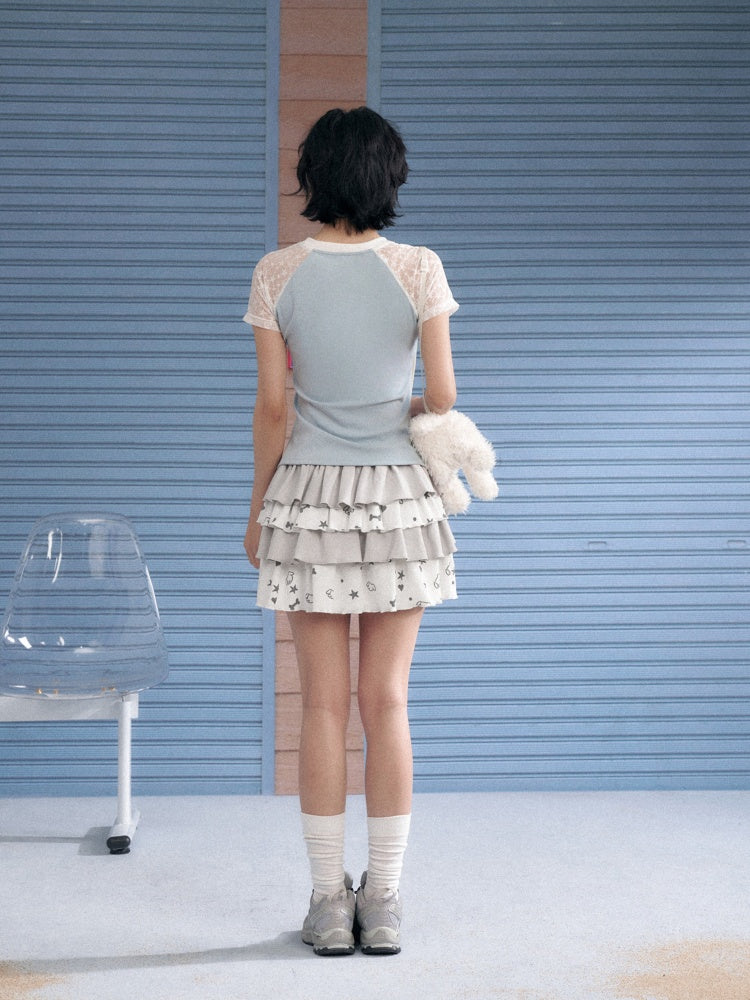 Star Lace Cut-Out Raglan Sleeve Short Sleeve T-Shirt【s0000013141】