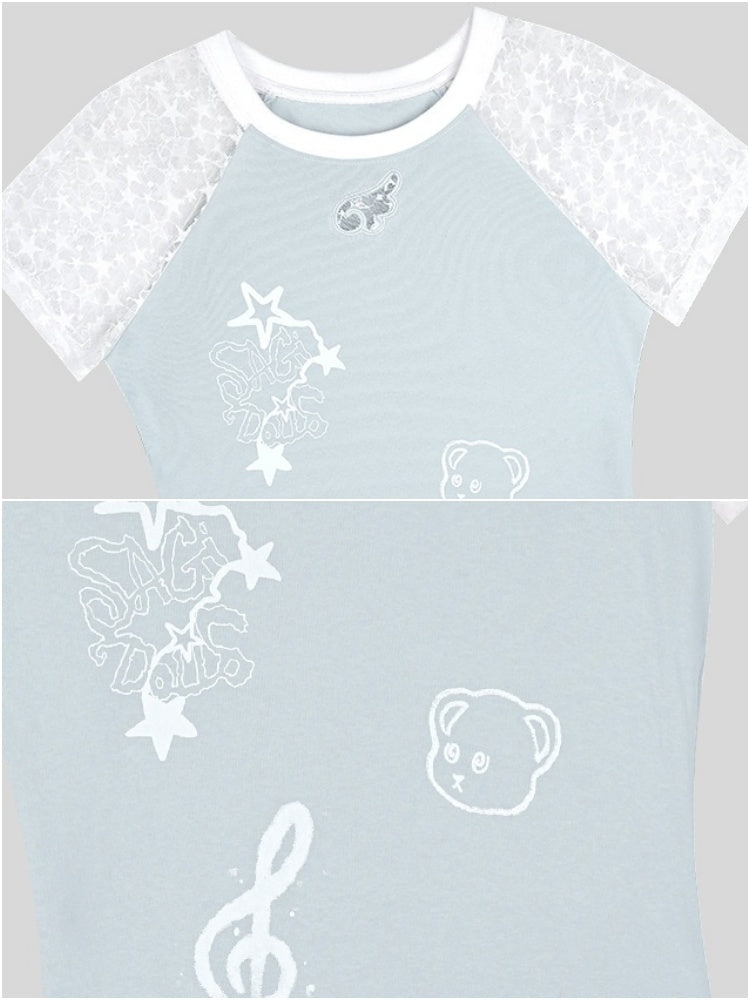 Star Lace Cut-Out Raglan Sleeve Short Sleeve T-Shirt【s0000013141】