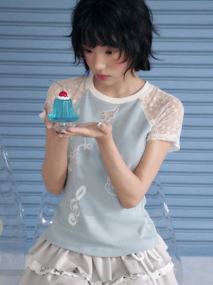Star Lace Cut-Out Raglan Sleeve Short Sleeve T-Shirt【s0000013141】