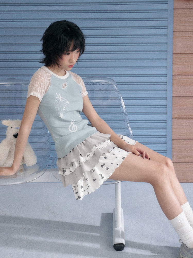 Star Lace Cut-Out Raglan Sleeve Short Sleeve T-Shirt【s0000013141】