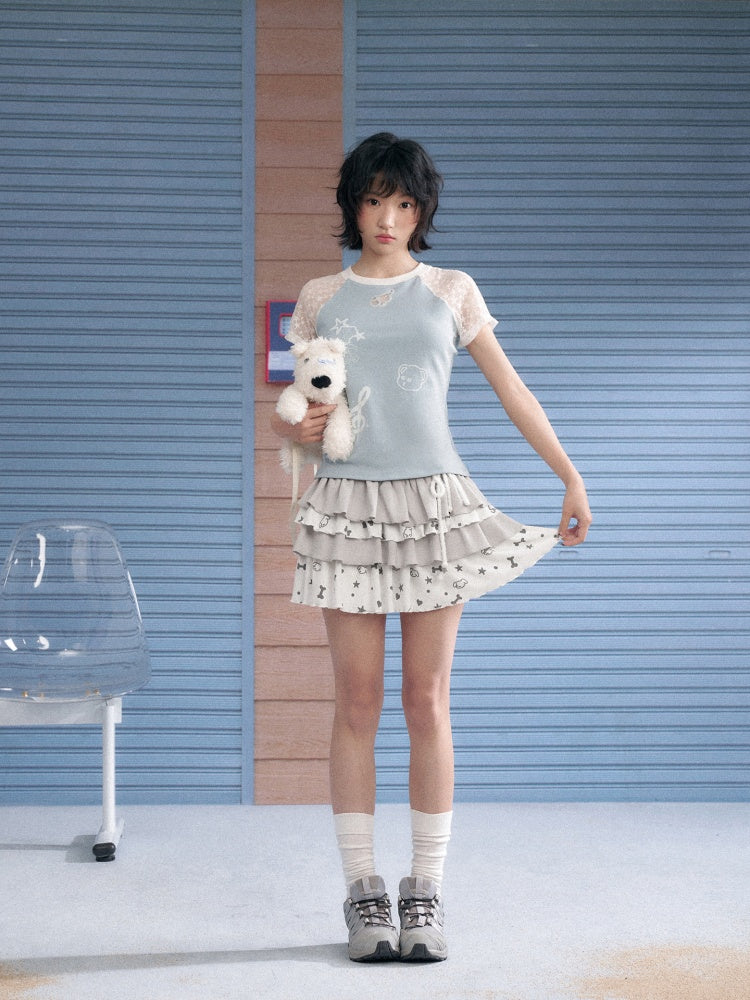 Star Lace Cut-Out Raglan Sleeve Short Sleeve T-Shirt【s0000013141】