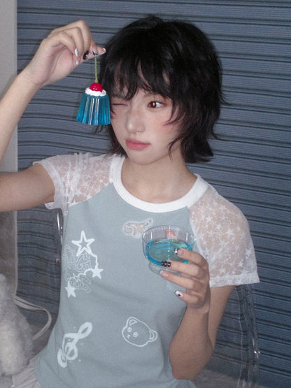 Star Lace Cut-Out Raglan Sleeve Short Sleeve T-Shirt【s0000013141】
