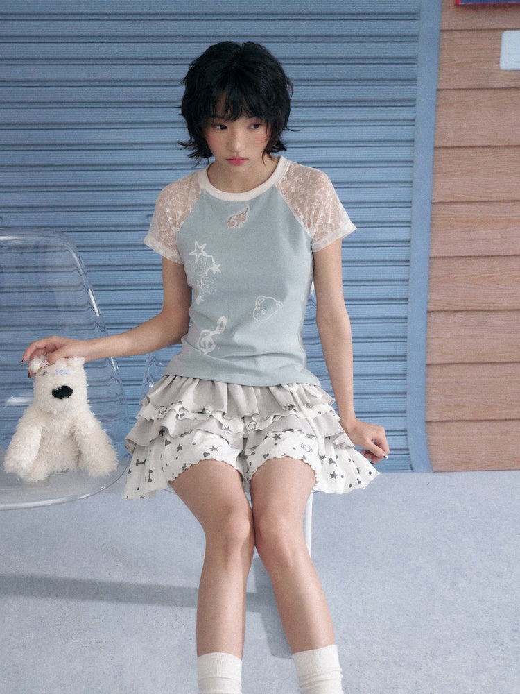 Star Lace Cut-Out Raglan Sleeve Short Sleeve T-Shirt【s0000013141】