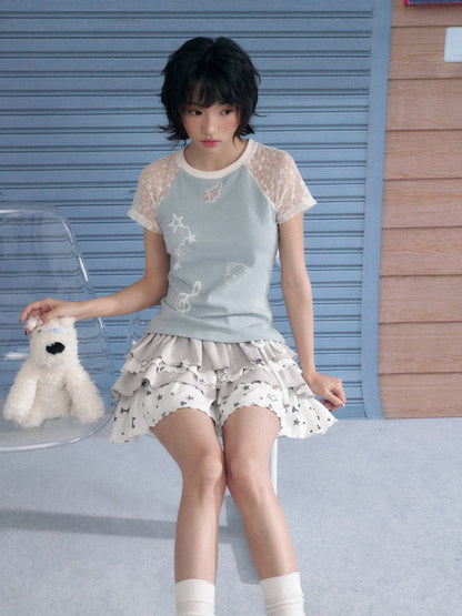 Star Lace Cut-Out Raglan Sleeve Short Sleeve T-Shirt【s0000013141】
