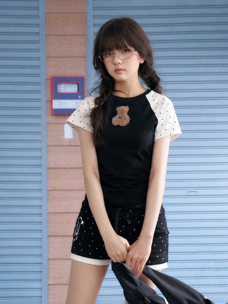 Cute Plush Bear Polka Dot Raglan Sleeve T-Shirt【s0000013143】