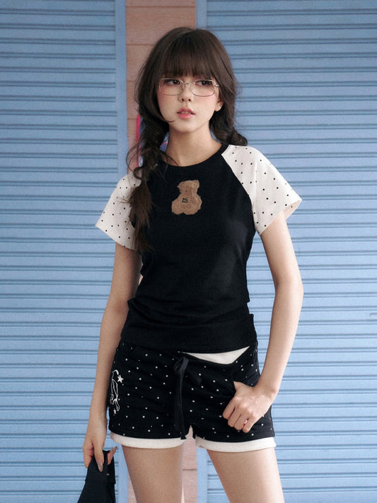 Cute Plush Bear Polka Dot Raglan Sleeve T-Shirt【s0000013143】