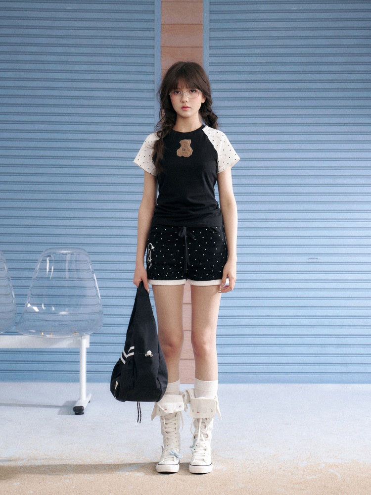 Cute Plush Bear Polka Dot Raglan Sleeve T-Shirt【s0000013143】