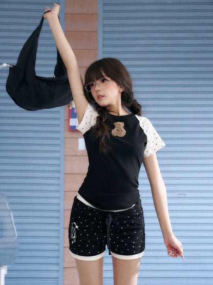 Cute Plush Bear Polka Dot Raglan Sleeve T-Shirt【s0000013143】