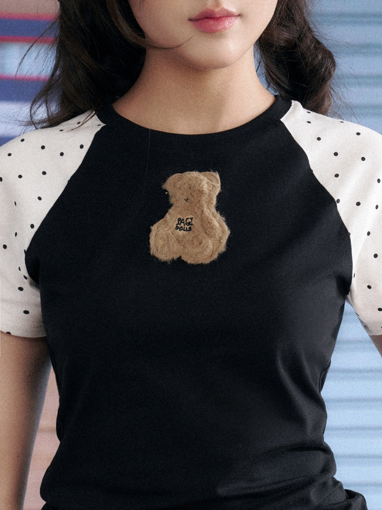 Cute Plush Bear Polka Dot Raglan Sleeve T-Shirt【s0000013143】