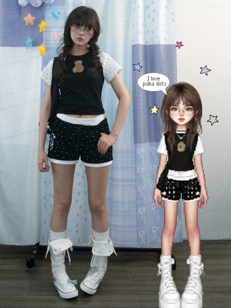 Cute Plush Bear Polka Dot Raglan Sleeve T-Shirt【s0000013143】