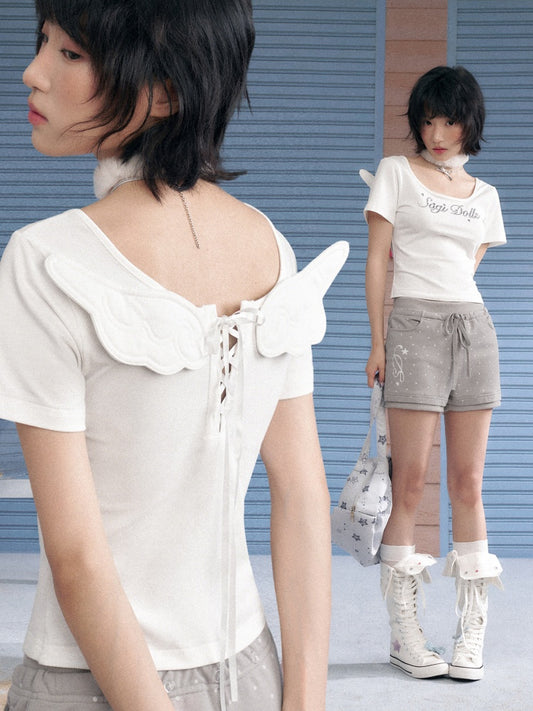 Angel Wings Back Lace-Up T-Shirt【s0000013145】