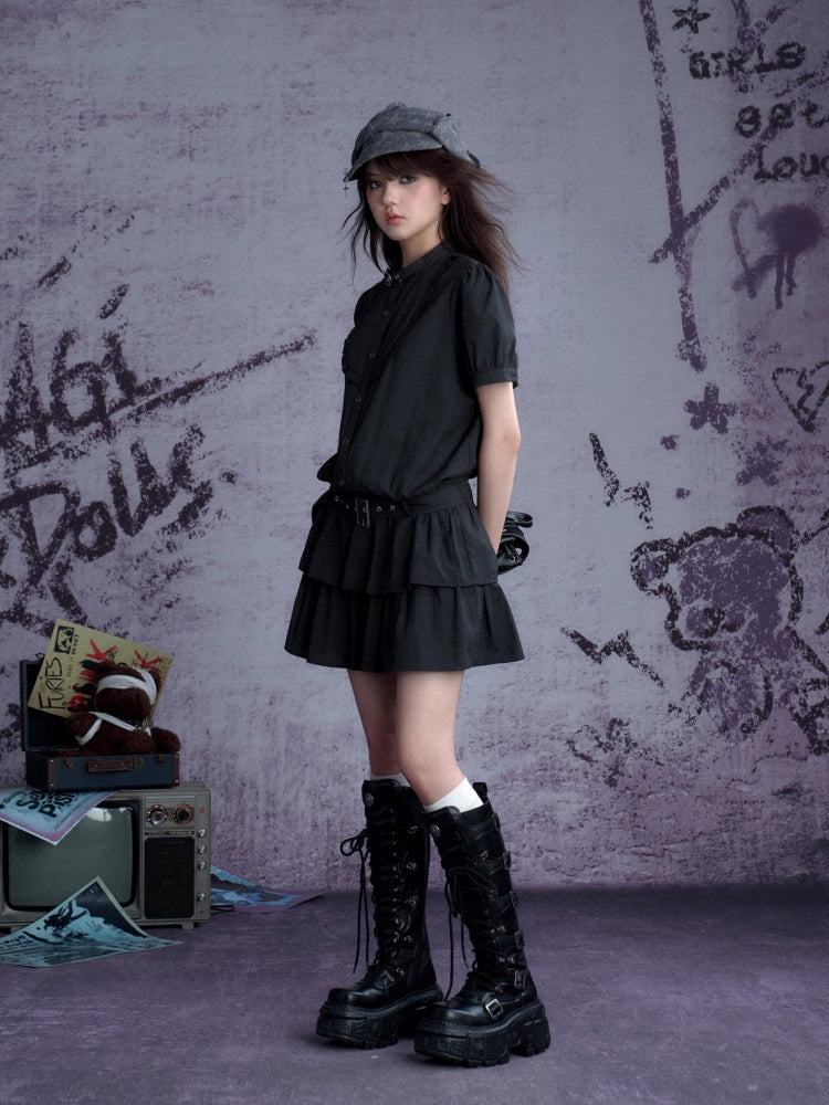 Buckle Choker Tiered Ruffle Dress【s0000013146】