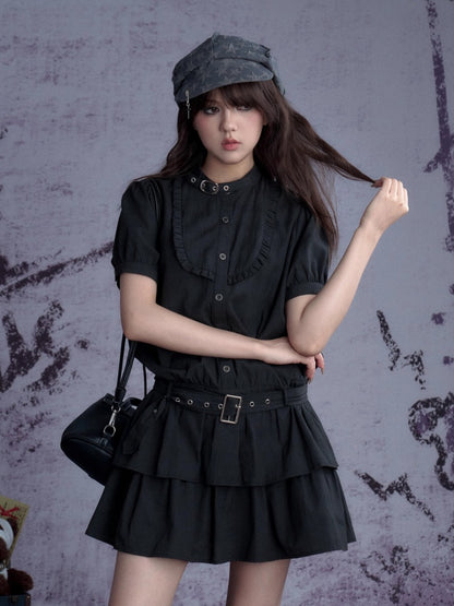 Buckle Choker Tiered Ruffle Dress【s0000013146】