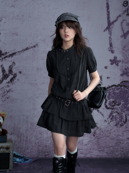 Buckle Choker Tiered Ruffle Dress【s0000013146】