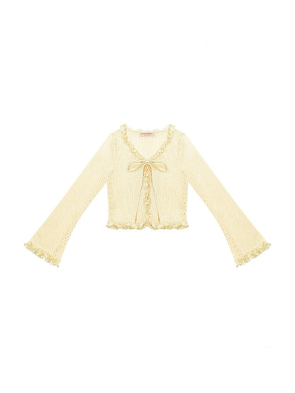 Ribbon Tie Openwork Knit Lace Ruffle Cropped Cardigan【s0000013147】