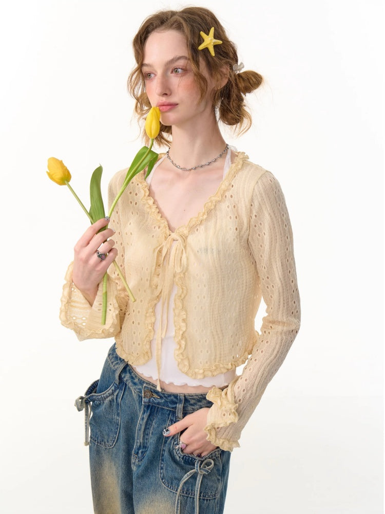 Ribbon Tie Openwork Knit Lace Ruffle Cropped Cardigan【s0000013147】