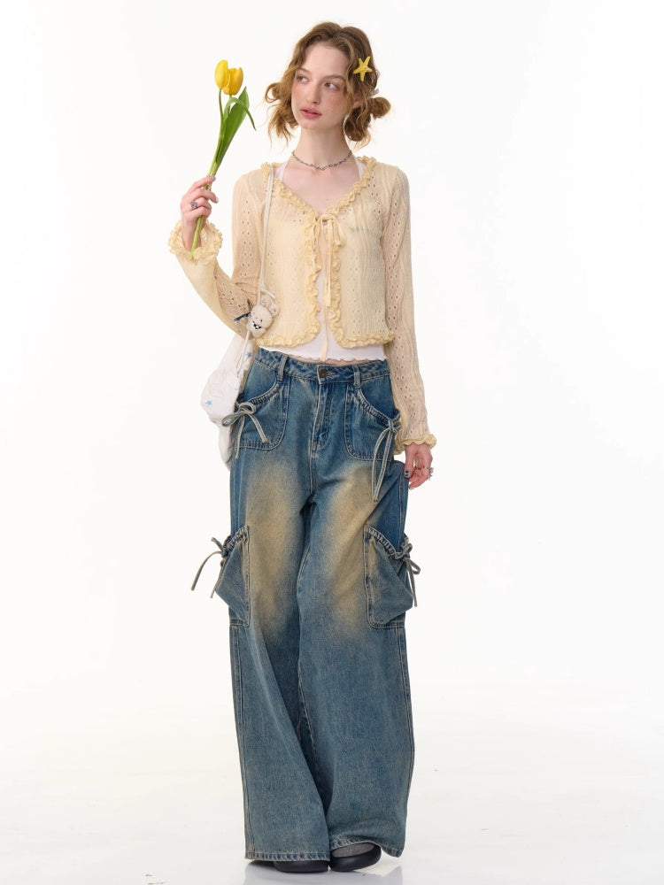 Ribbon Tie Openwork Knit Lace Ruffle Cropped Cardigan【s0000013147】