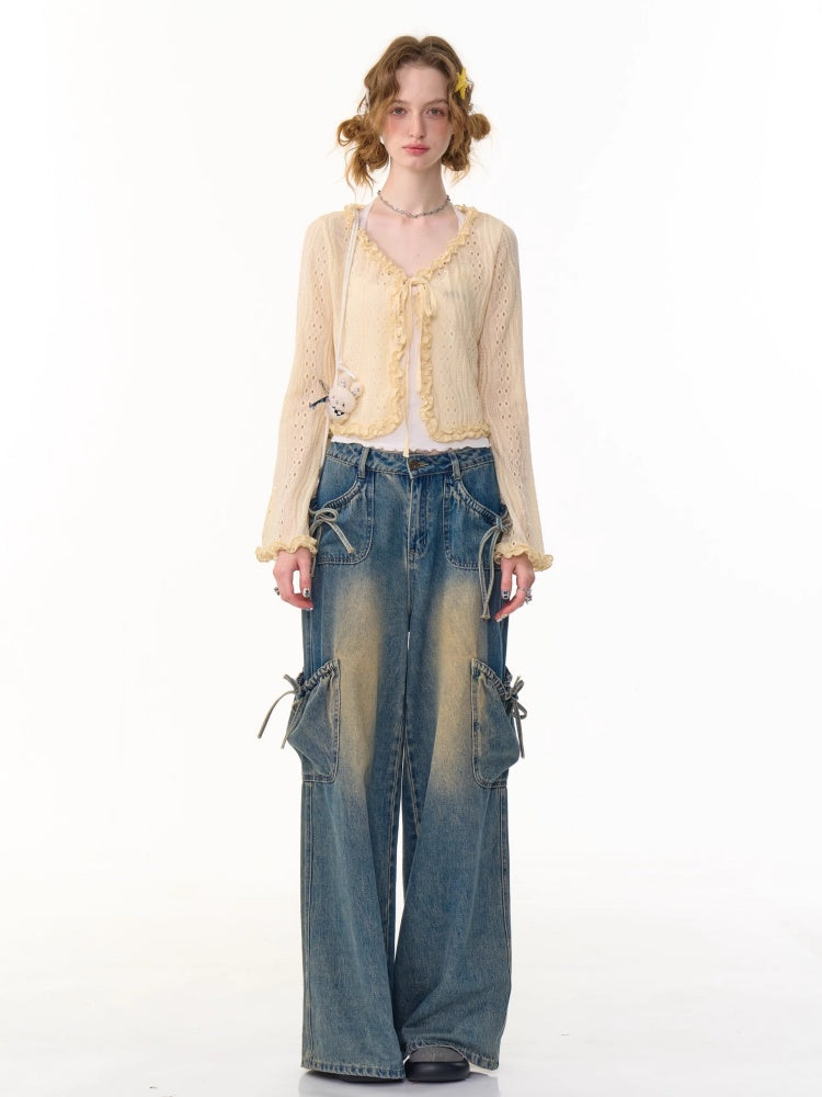 Ribbon Tie Openwork Knit Lace Ruffle Cropped Cardigan【s0000013147】