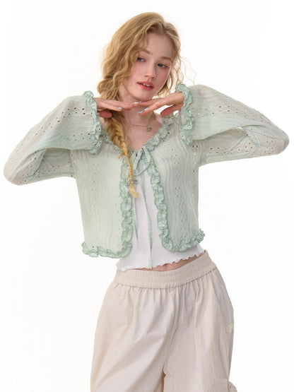 Ribbon Tie Openwork Knit Lace Ruffle Cropped Cardigan【s0000013147】