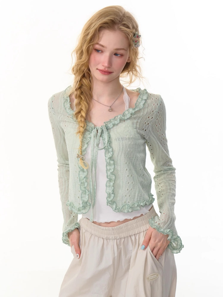 Ribbon Tie Openwork Knit Lace Ruffle Cropped Cardigan【s0000013147】