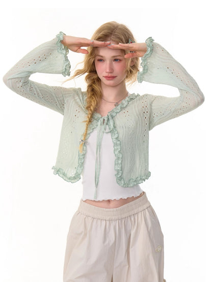 Ribbon Tie Openwork Knit Lace Ruffle Cropped Cardigan【s0000013147】