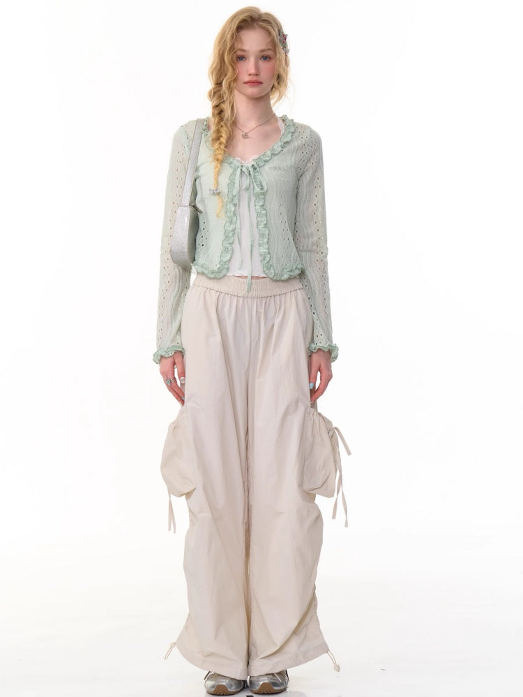 Ribbon Tie Openwork Knit Lace Ruffle Cropped Cardigan【s0000013147】
