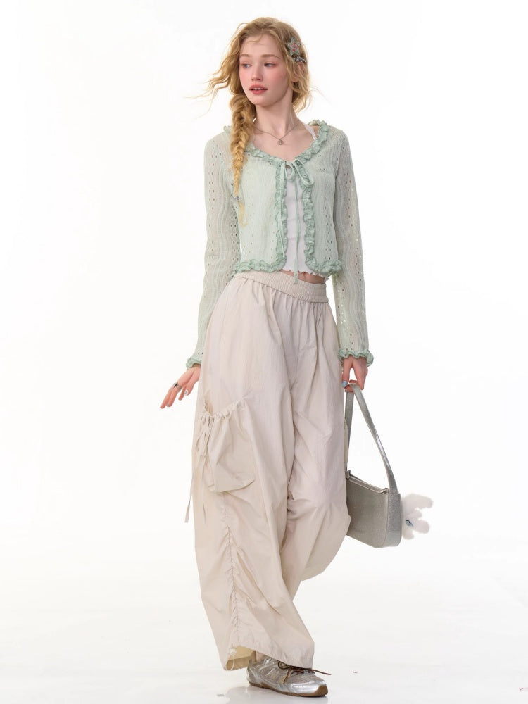 Ribbon Tie Openwork Knit Lace Ruffle Cropped Cardigan【s0000013147】