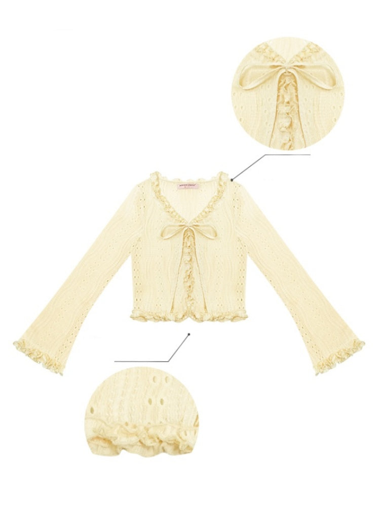 Ribbon Tie Openwork Knit Lace Ruffle Cropped Cardigan【s0000013147】