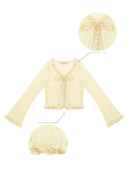 Ribbon Tie Openwork Knit Lace Ruffle Cropped Cardigan【s0000013147】