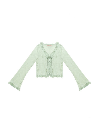 Ribbon Tie Openwork Knit Lace Ruffle Cropped Cardigan【s0000013147】