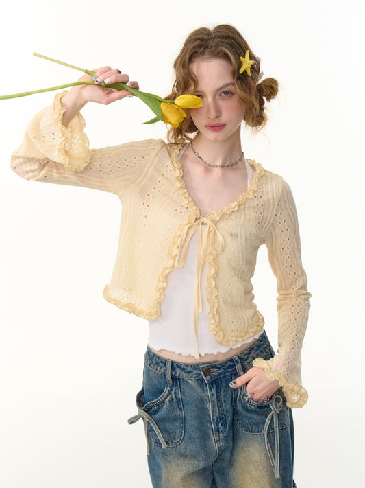 Ribbon Tie Openwork Knit Lace Ruffle Cropped Cardigan【s0000013147】