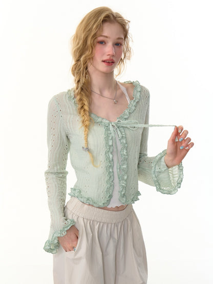 Ribbon Tie Openwork Knit Lace Ruffle Cropped Cardigan【s0000013147】