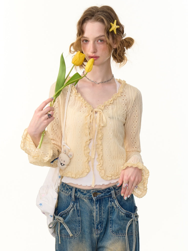 Ribbon Tie Openwork Knit Lace Ruffle Cropped Cardigan【s0000013147】