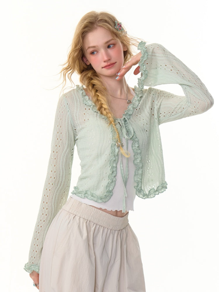 Ribbon Tie Openwork Knit Lace Ruffle Cropped Cardigan【s0000013147】
