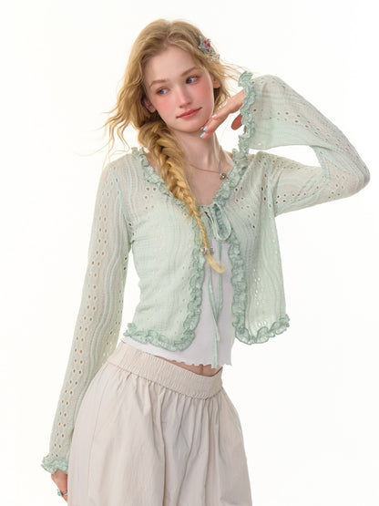 Ribbon Tie Openwork Knit Lace Ruffle Cropped Cardigan【s0000013147】
