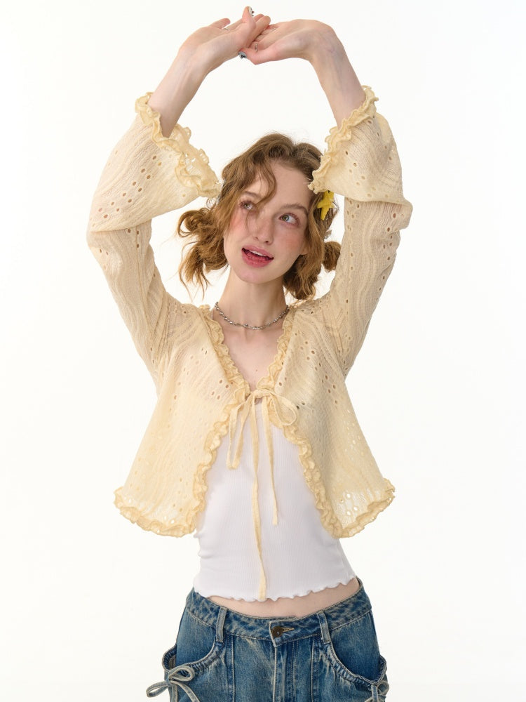 Ribbon Tie Openwork Knit Lace Ruffle Cropped Cardigan【s0000013147】